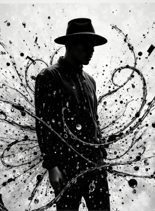 man, hat, silhouette, ink, spiral, dots, abstract, art, music, symbols