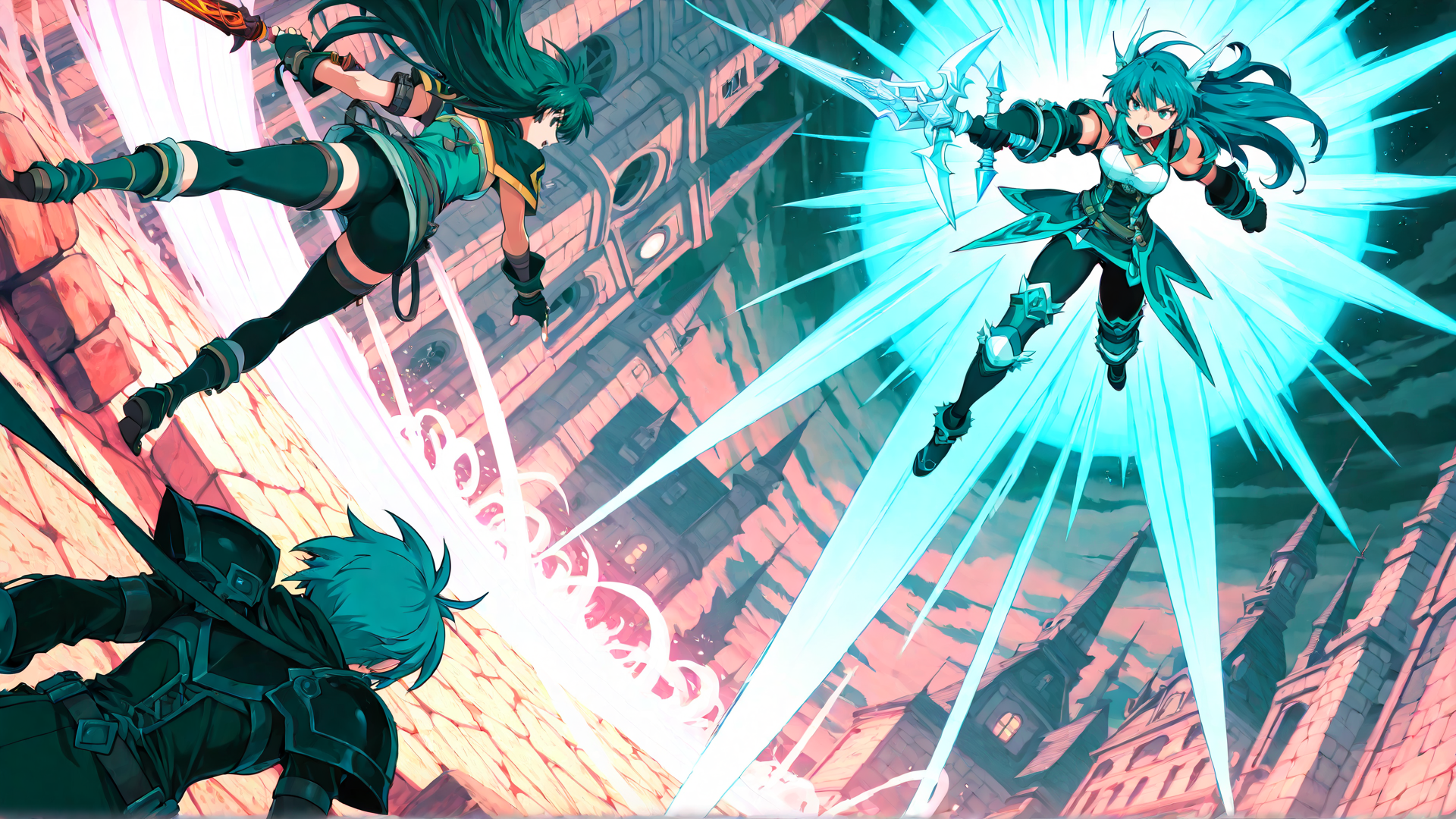 AI generated wallpaper featuring anime characters, sword, castle, magic, girl, girl, boy, armor, weapon, light