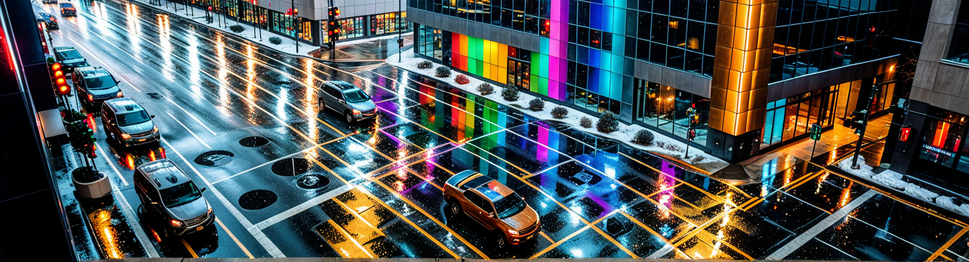AI generated wallpaper featuring city, street, cars, buildings, rain, intersection, lights, road, reflection, sunset