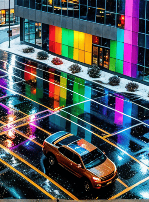 city, street, cars, buildings, rain, intersection, lights, road, reflection, sunset
