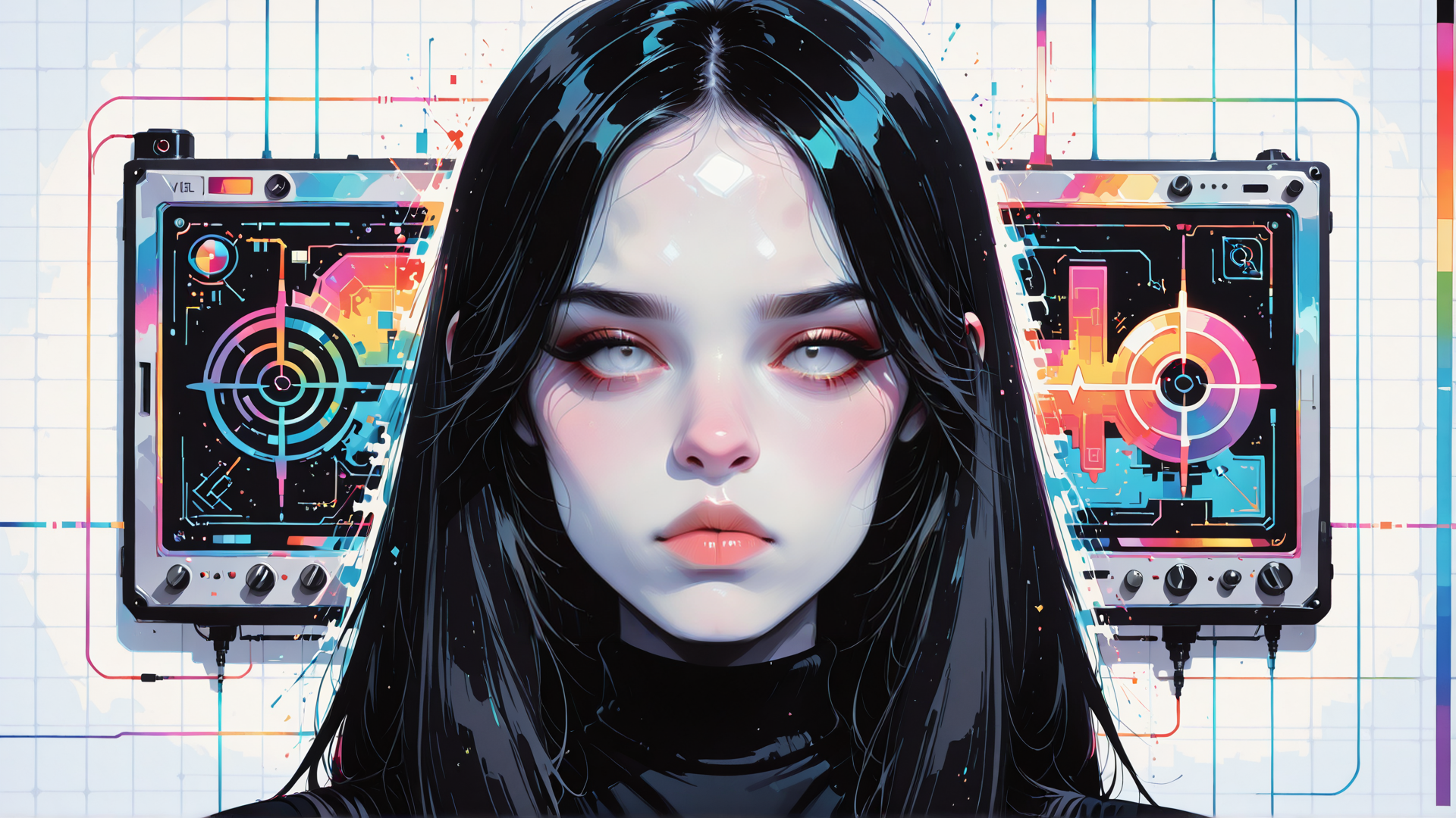 AI generated wallpaper featuring woman, vintage, monitors