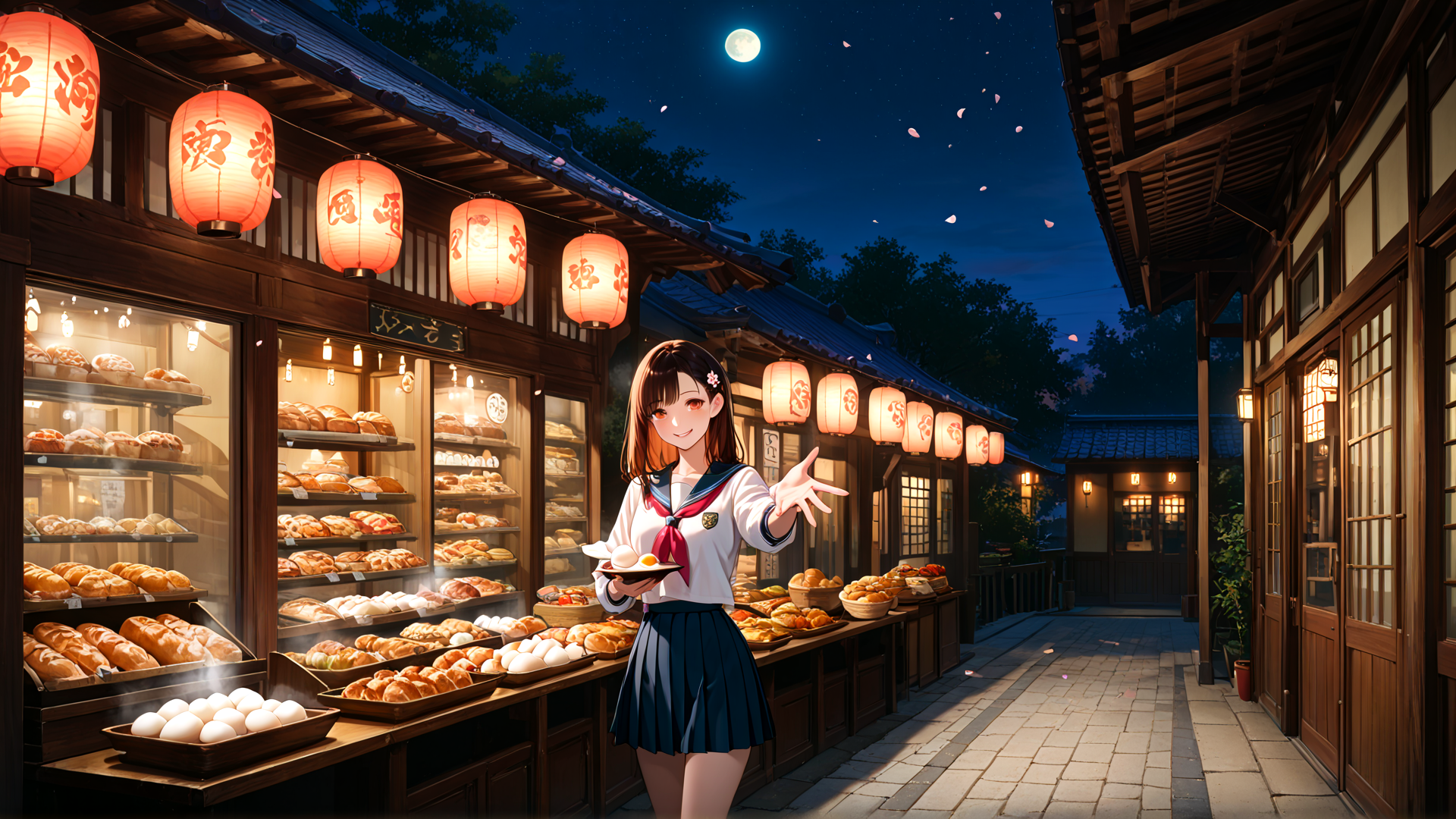 AI generated wallpaper featuring girl, bread, lantern, street, moon, bakery, pavilion, blossom, sailor, cookie