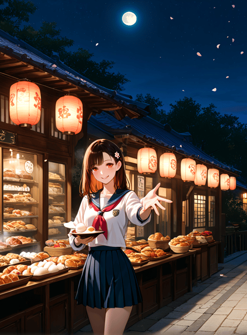 girl, bread, lantern, street, moon, bakery, pavilion, blossom, sailor, cookie