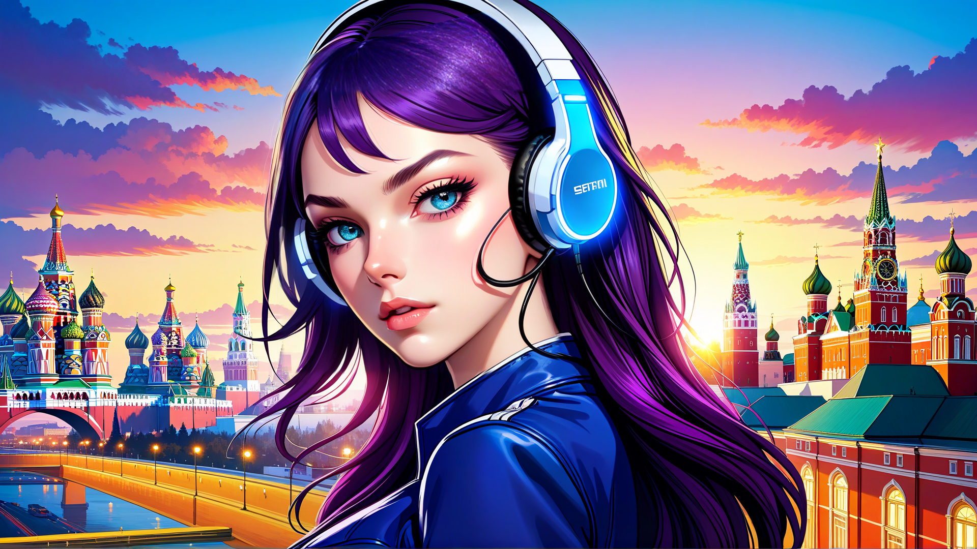 AI generated wallpaper featuring woman, headphones, cityscape