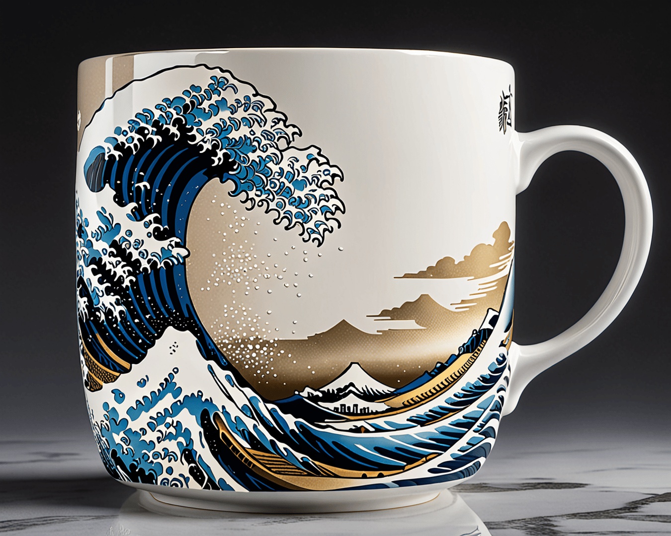 AI generated wallpaper featuring cup, wave, mountain