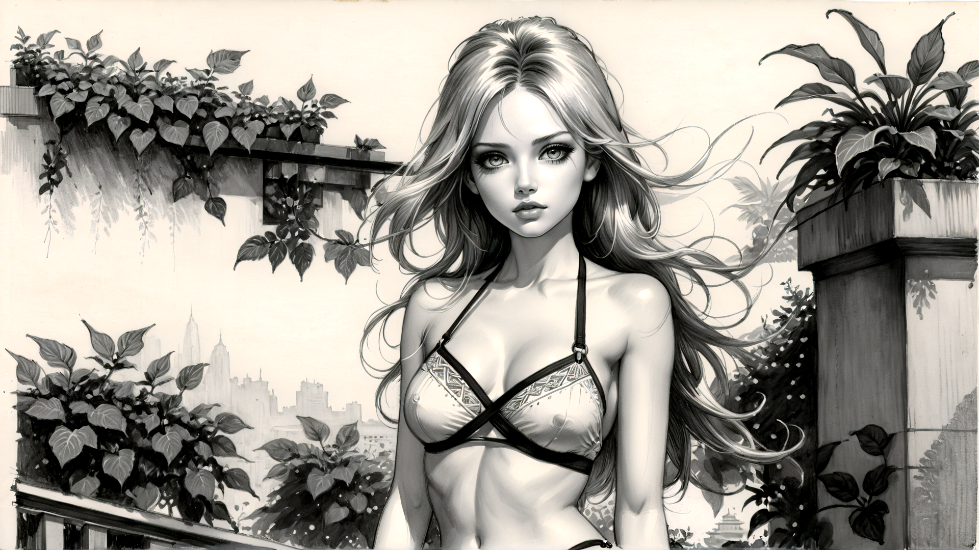 AI generated wallpaper featuring woman, plants, cityscape, balcony