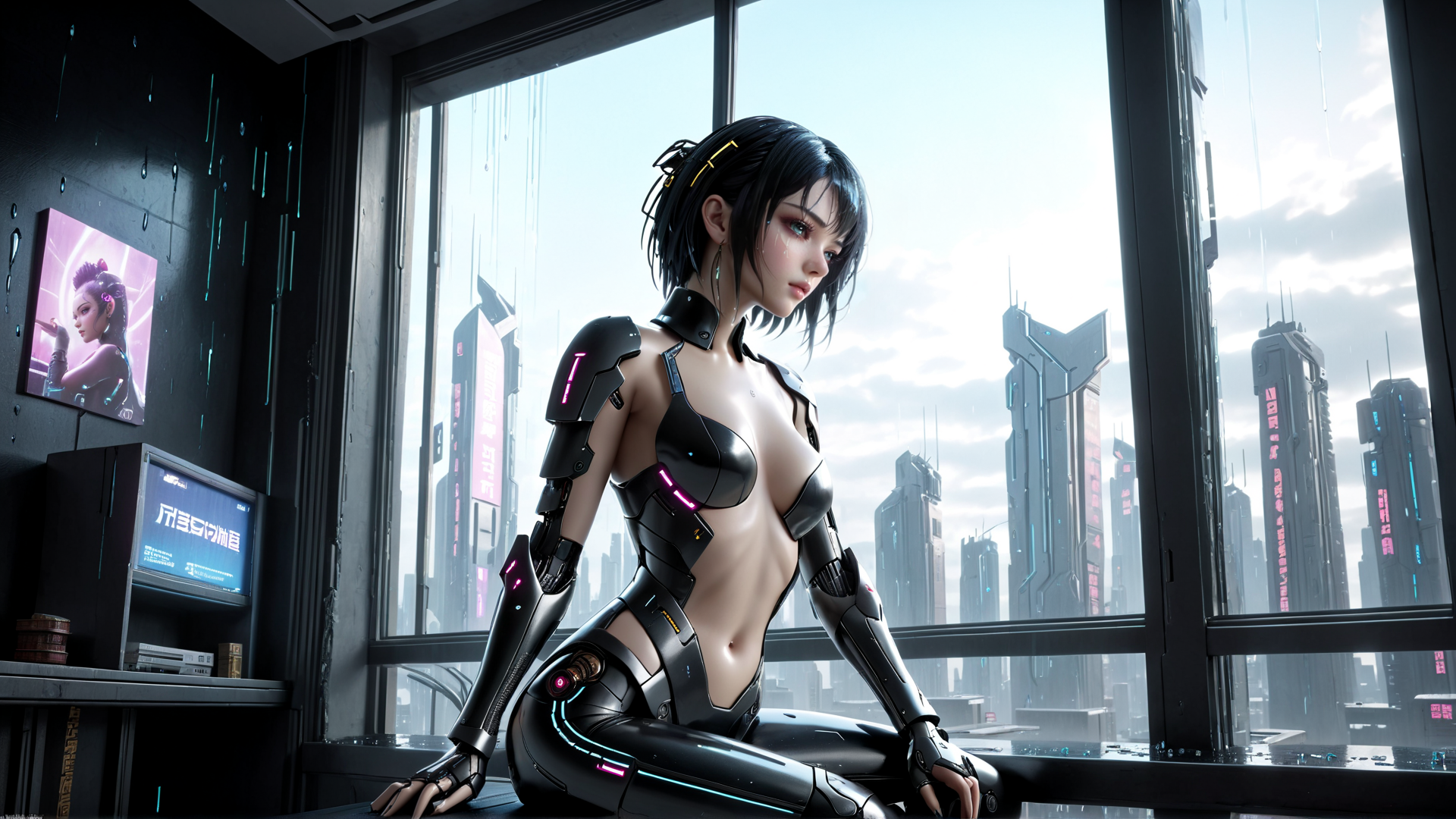 AI generated wallpaper featuring cyborg, woman, city