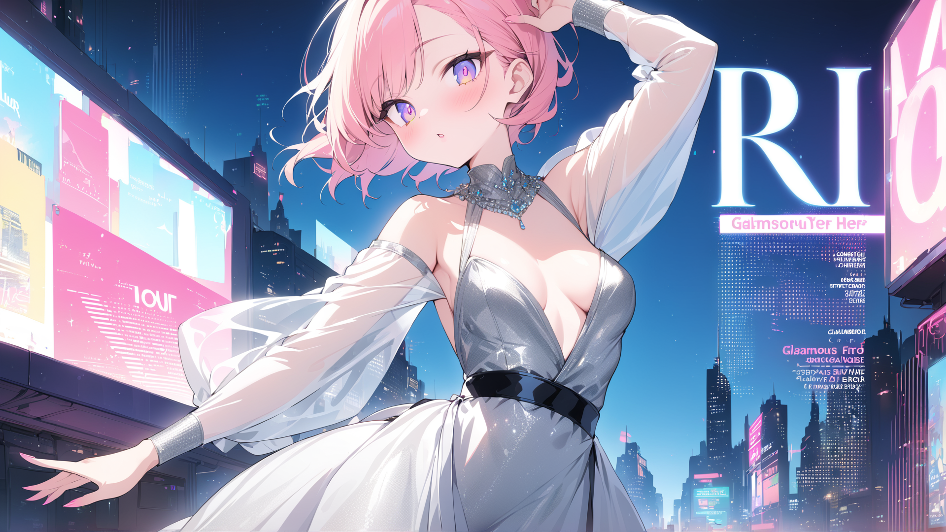 AI generated wallpaper featuring anime girl, cityscape, neon lights