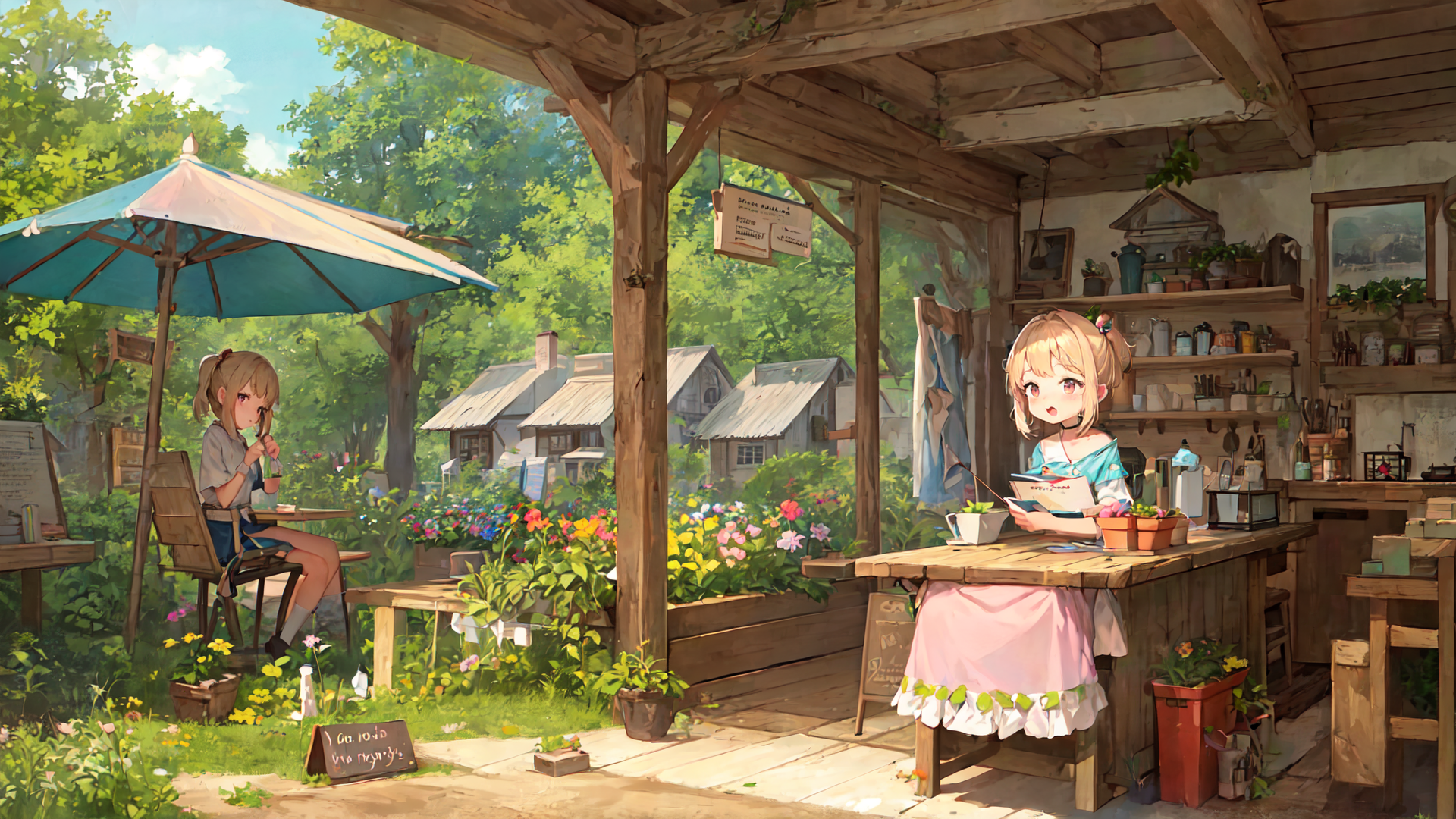 AI generated wallpaper featuring girl, umbrella, flower, table, house, book, plant, chairs, sign, pot