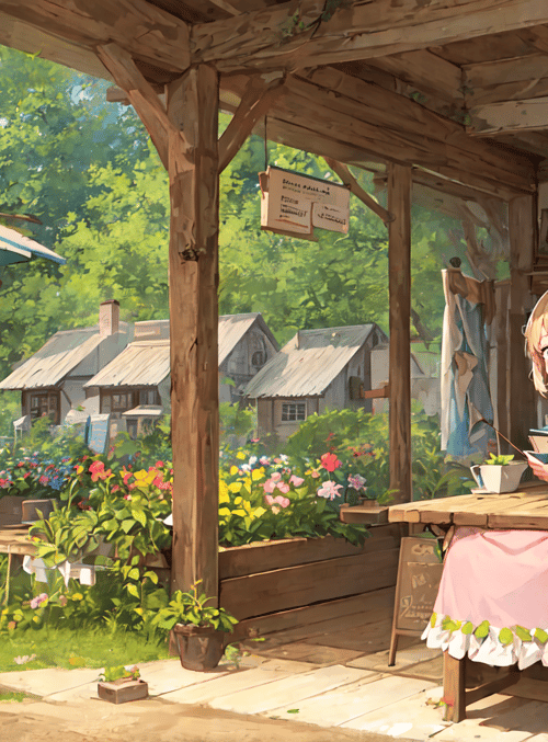girl, umbrella, flower, table, house, book, plant, chairs, sign, pot