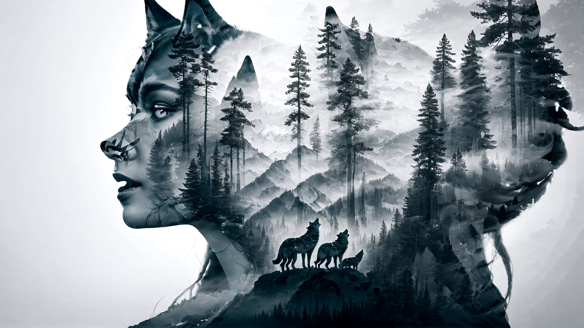 AI generated wallpaper featuring wolf, woman, forest, mountain, trees, rock, nature, landscape, silhouette, pack