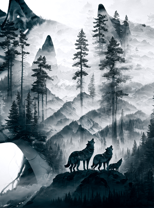 wolf, woman, forest, mountain, trees, rock, nature, landscape, silhouette, pack