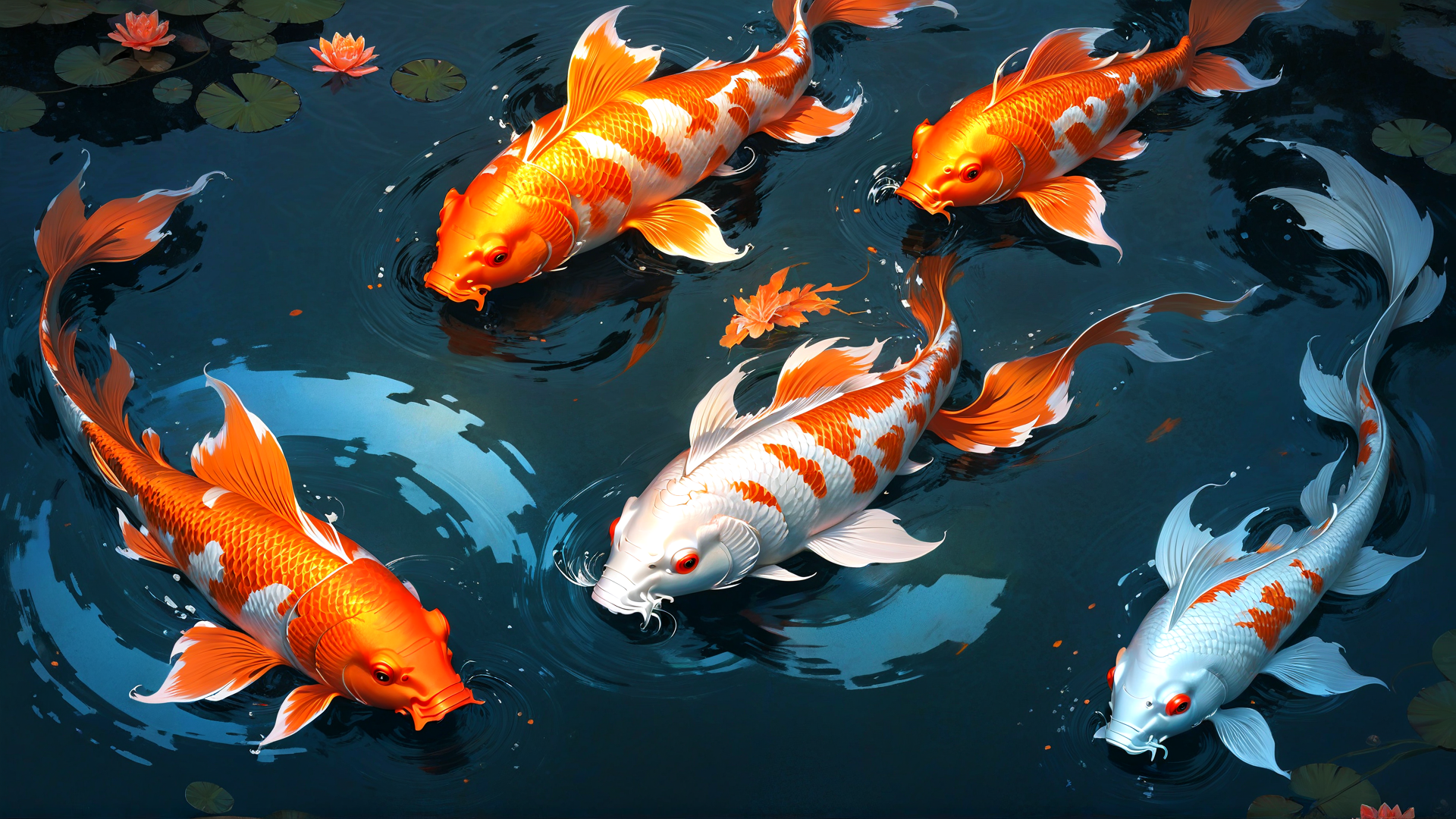AI generated wallpaper featuring koi fish, lotus, water, leaves, pond