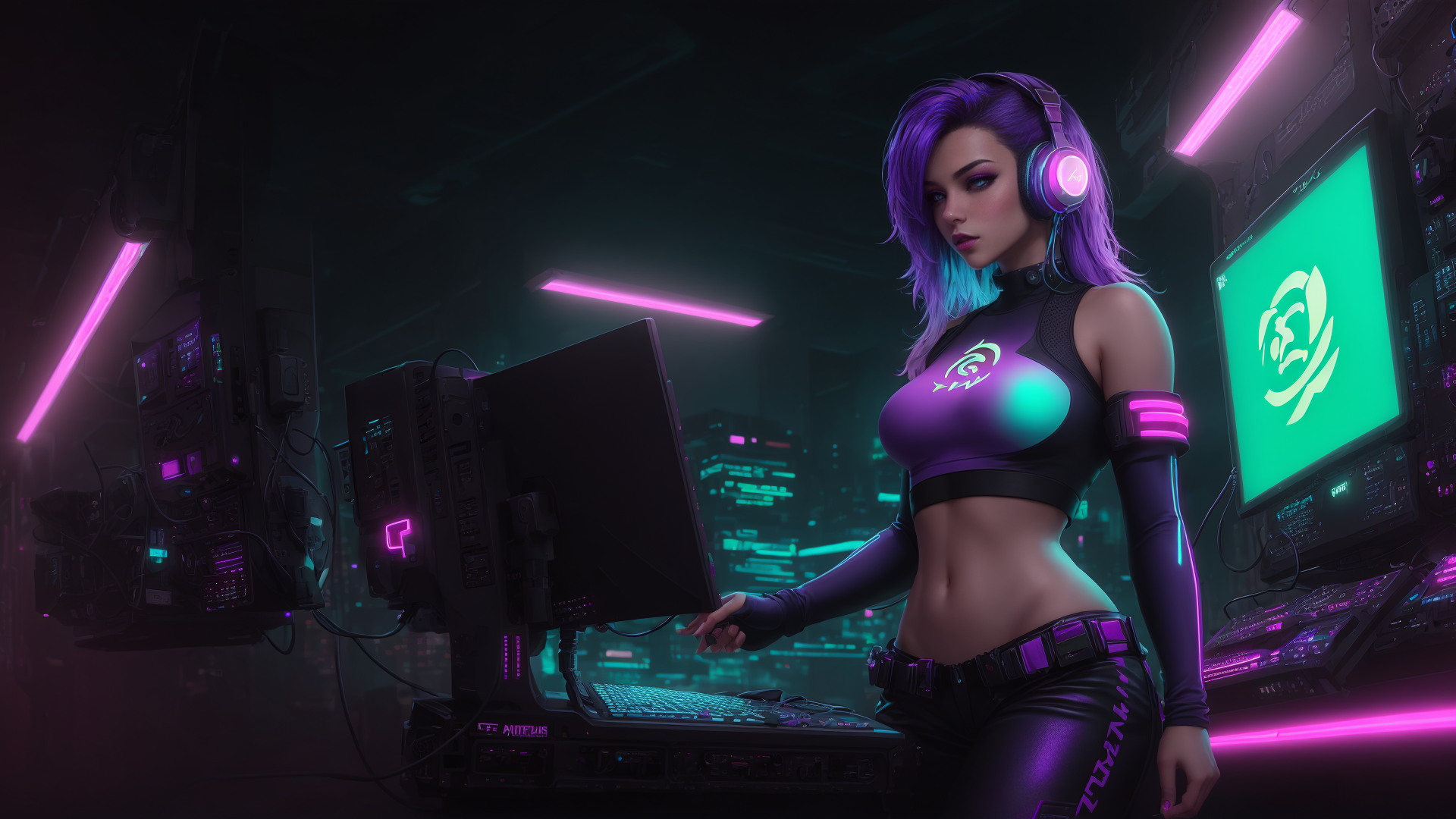 AI generated wallpaper featuring cyberpunk, gamer, woman