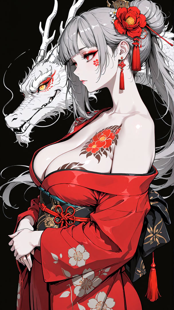 AI generated wallpaper featuring woman, dragon, kimono, flower