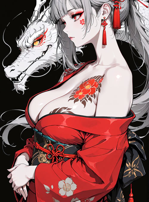 woman, dragon, kimono, flower