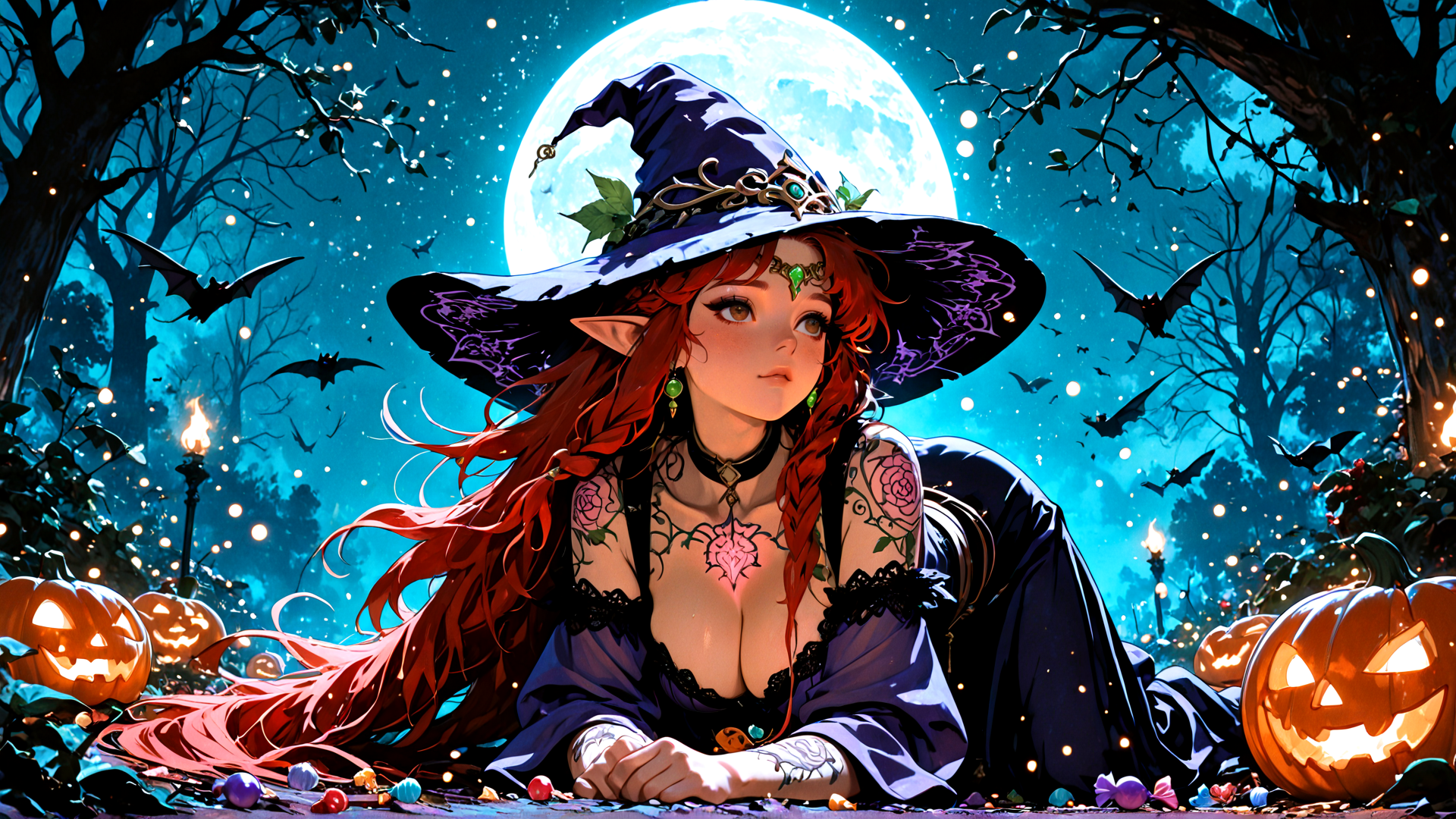 AI generated wallpaper featuring witch, halloween, pumpkin, bat, forest, moon, tattoo, candy, elf, lantern