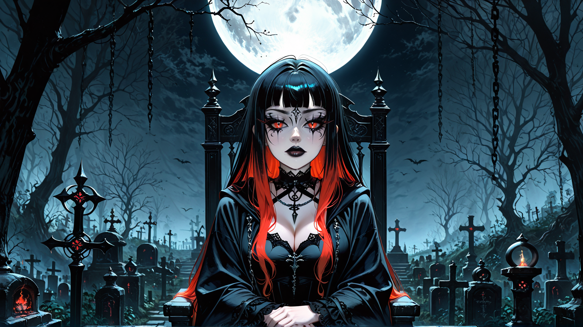 AI generated wallpaper featuring vampire, woman, graveyard, moon, chair, cross, bats, trees, chains, lantern