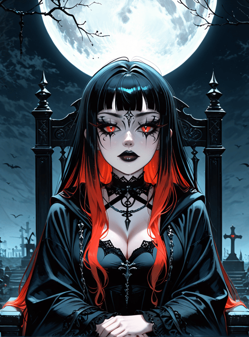 vampire, woman, graveyard, moon, chair, cross, bats, trees, chains, lantern