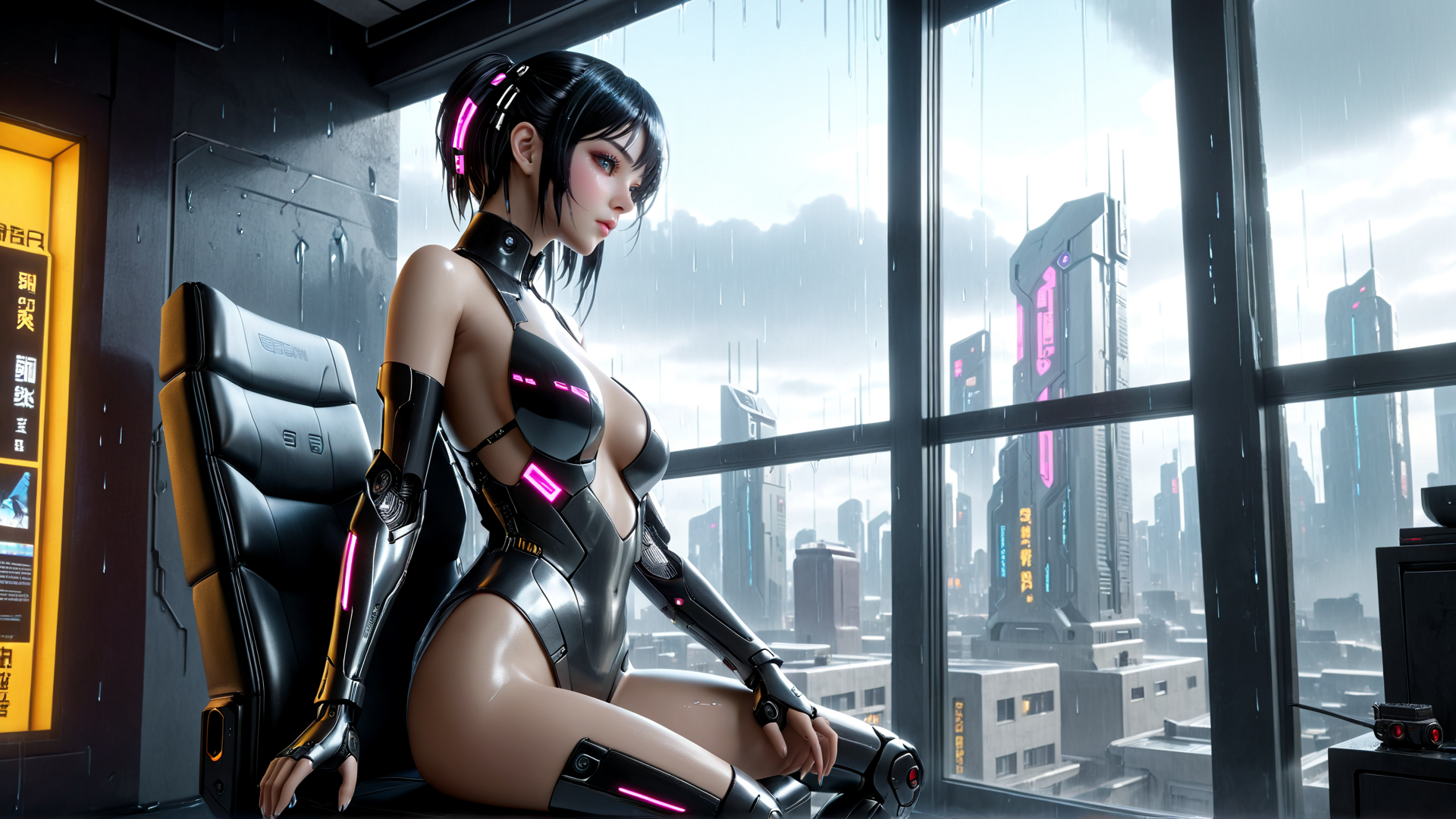 AI generated wallpaper featuring cyberpunk, woman, robot