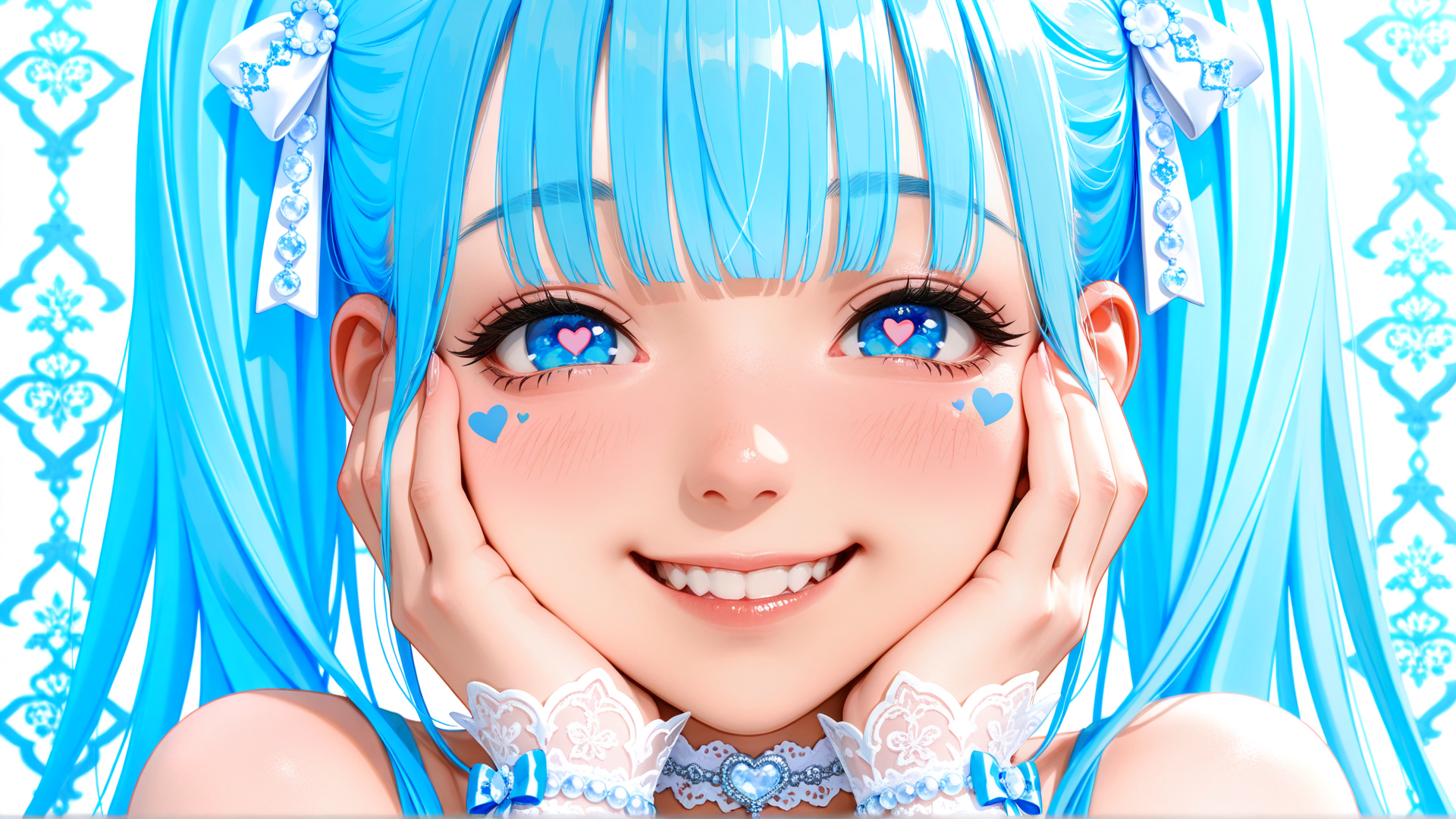 AI generated wallpaper featuring anime character, blue hair, heart eyes, lacy collar, bow accessories