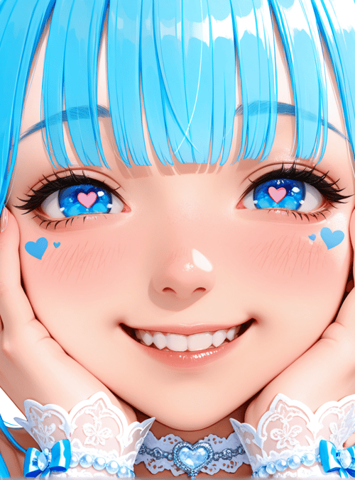 anime character, blue hair, heart eyes, lacy collar, bow accessories