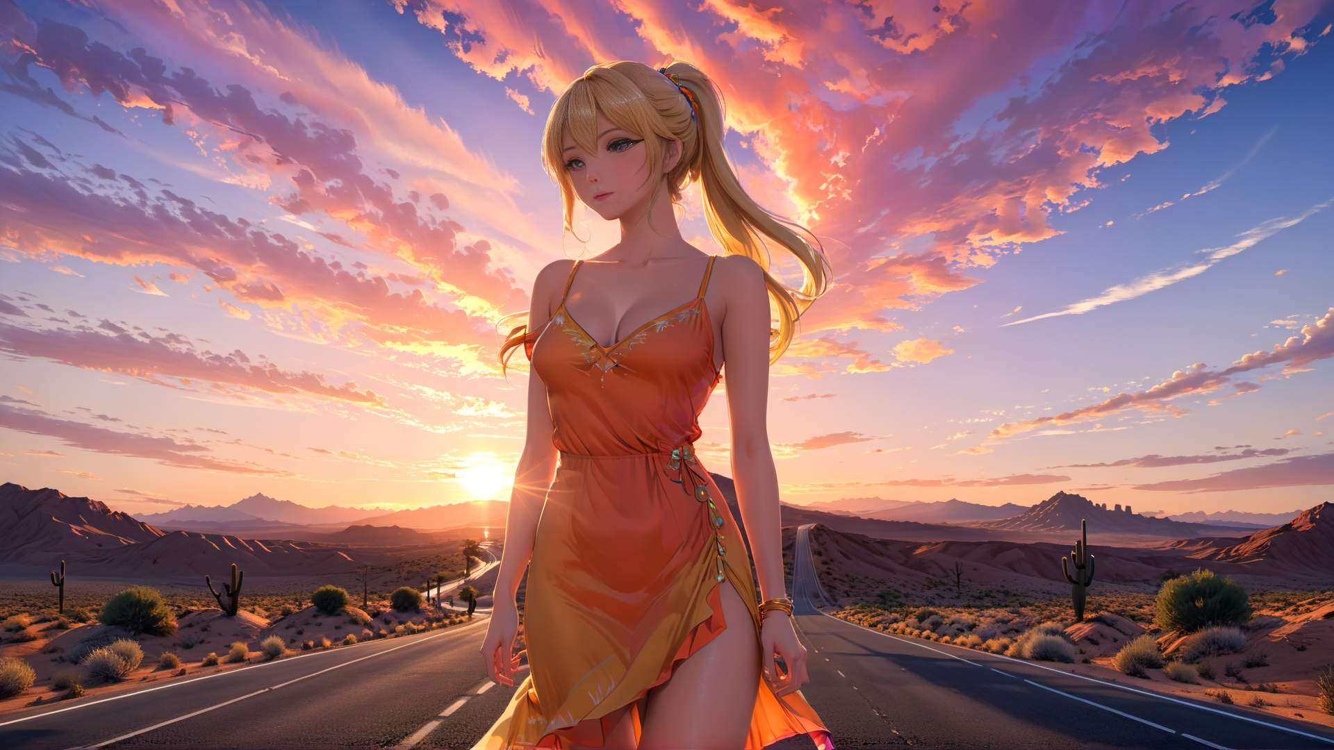 AI generated wallpaper featuring woman, desert, road