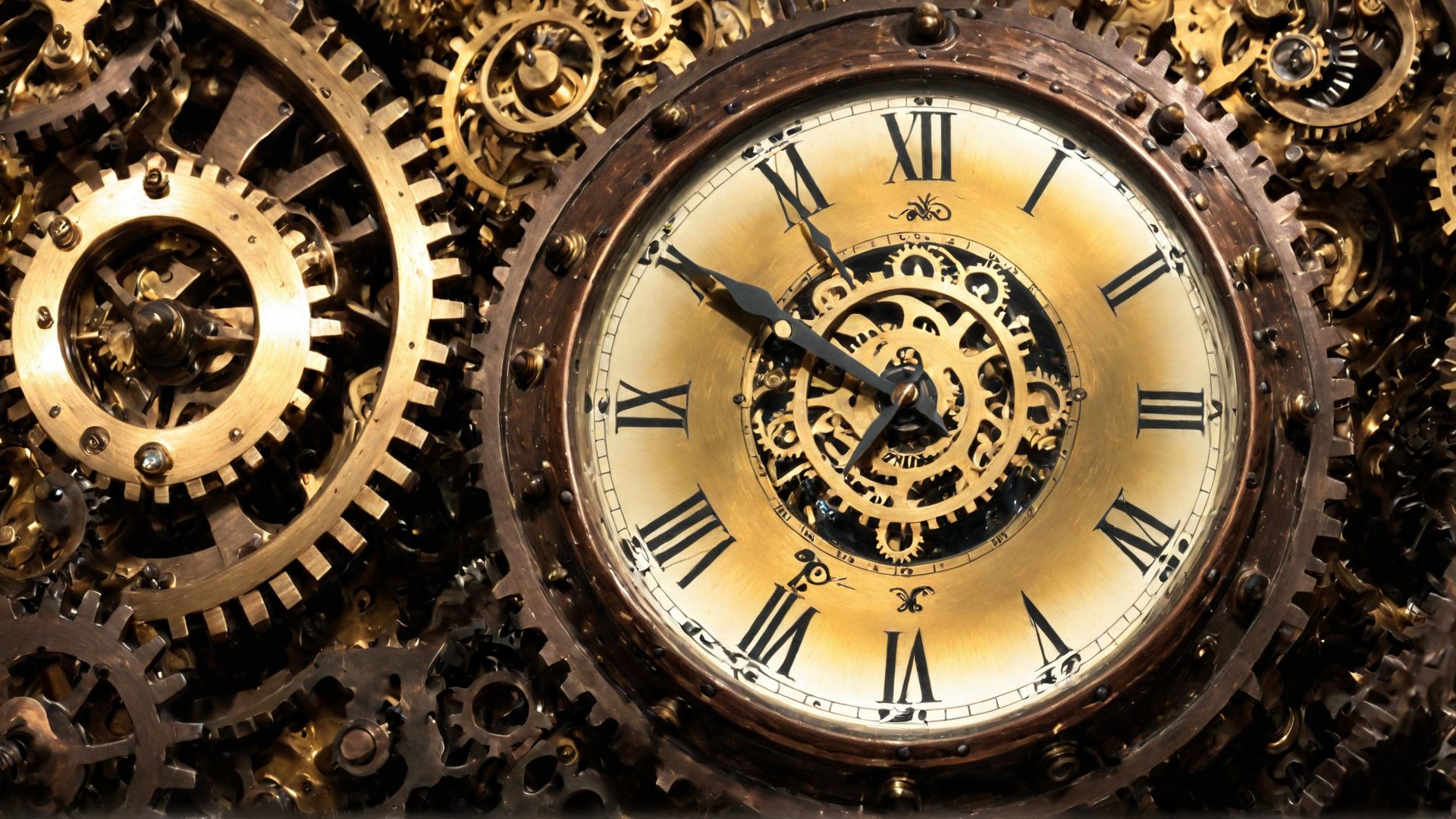 AI generated wallpaper featuring clock, gears, mechanism, steampunk, clockwork, Roman numerals, metal, machinery, timepiece, engraving