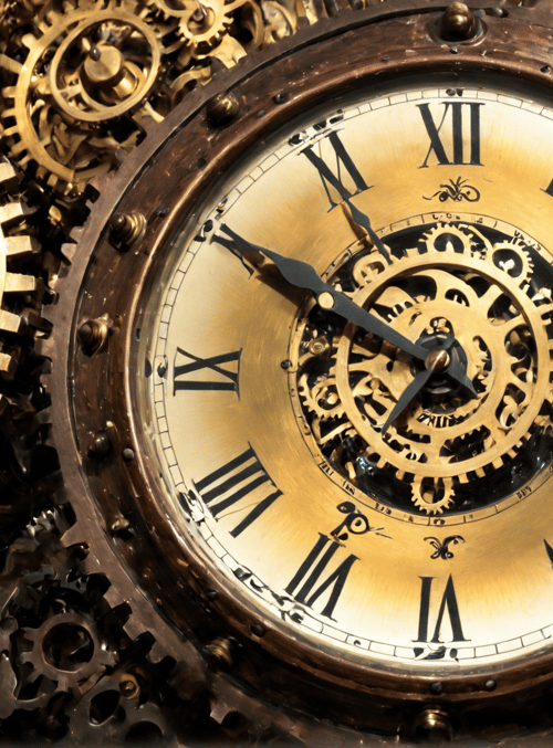 clock, gears, mechanism, steampunk, clockwork, Roman numerals, metal, machinery, timepiece, engraving