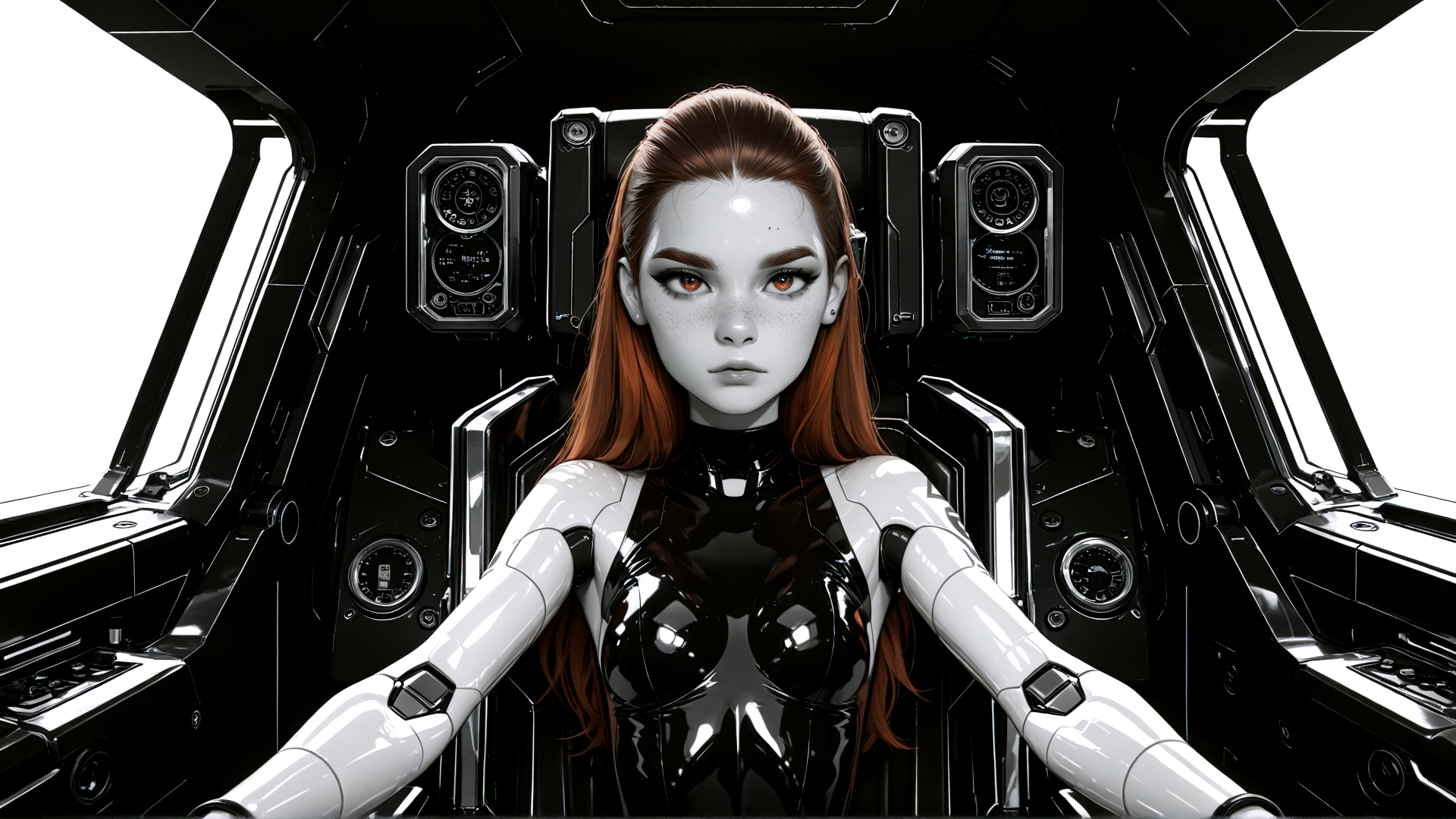 AI generated wallpaper featuring woman, robot, pilot, cyborg, cockpit