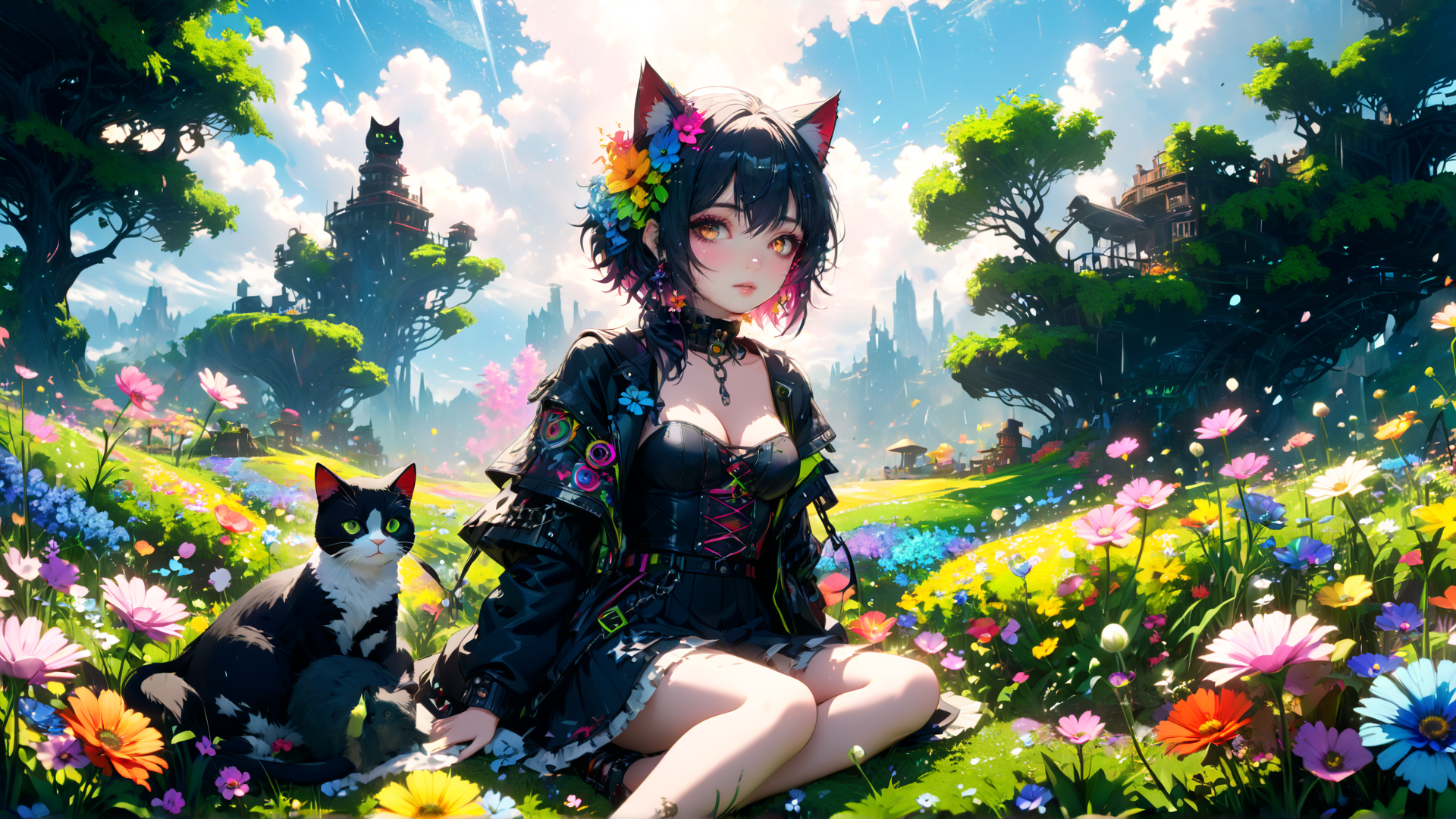 AI generated wallpaper featuring cat girl, cat, flowers