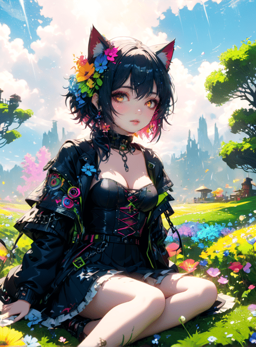 cat girl, cat, flowers