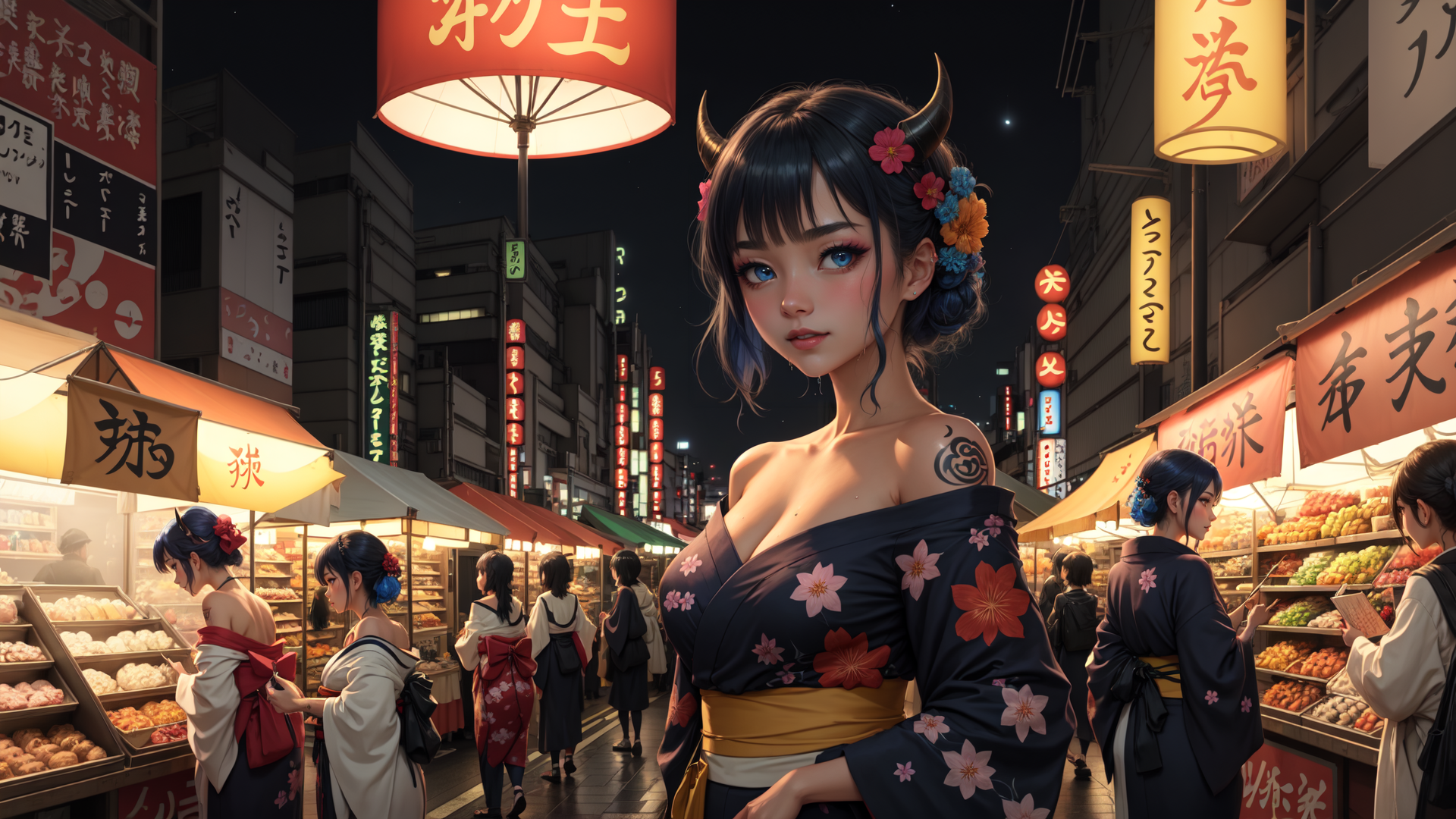 AI generated wallpaper featuring woman, kimono, street, market, signs, fruit, blossom, horn, flower, crowd