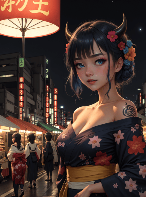 woman, kimono, street, market, signs, fruit, blossom, horn, flower, crowd