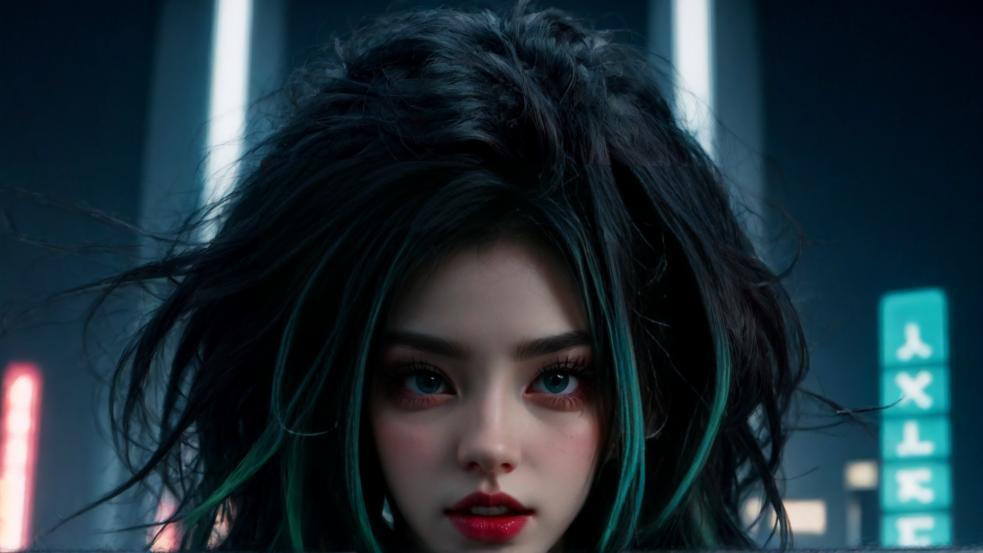 AI generated wallpaper featuring woman, hair, neon