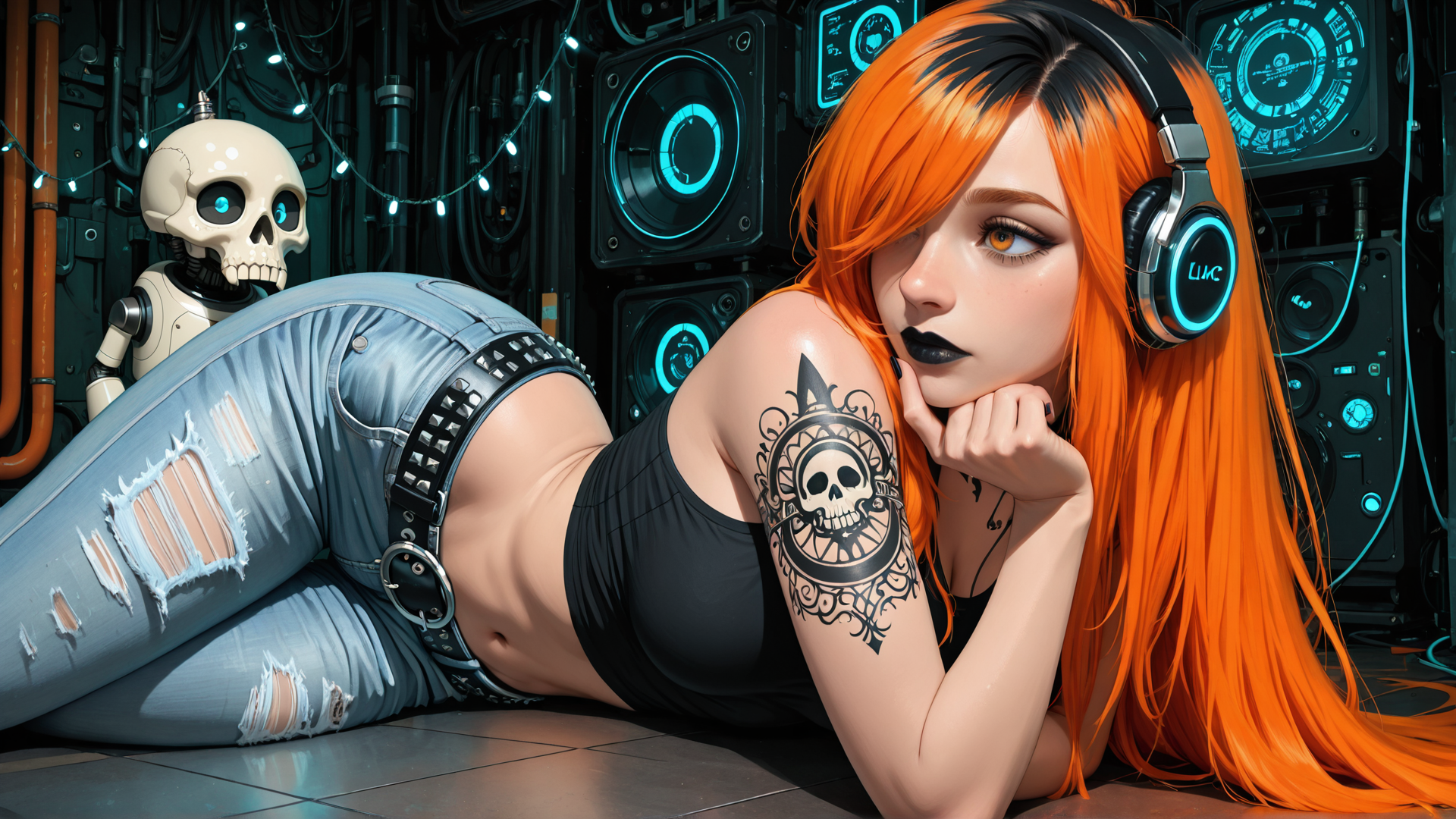 AI generated wallpaper featuring woman, robot, skull, jeans, tattoo, headphones, guitar, circuit board, light string, bass speaker