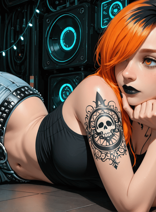 woman, robot, skull, jeans, tattoo, headphones, guitar, circuit board, light string, bass speaker
