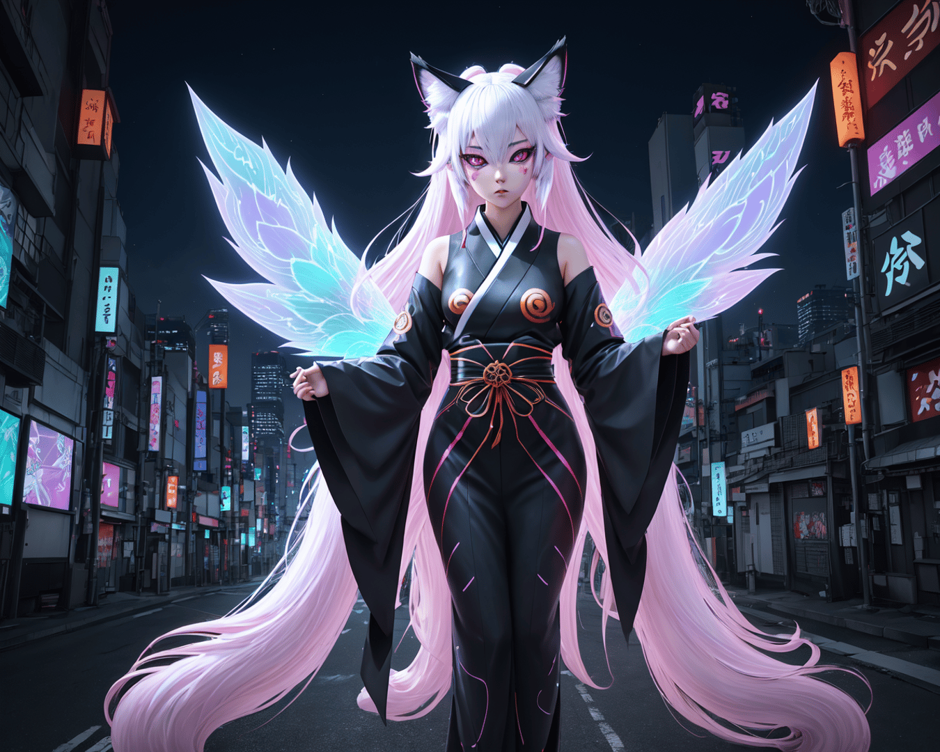 AI generated wallpaper featuring femme, fox ears, glowing wings