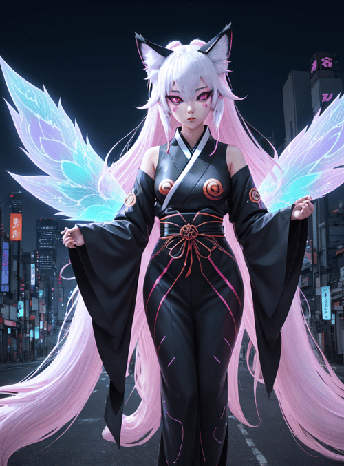 femme, fox ears, glowing wings