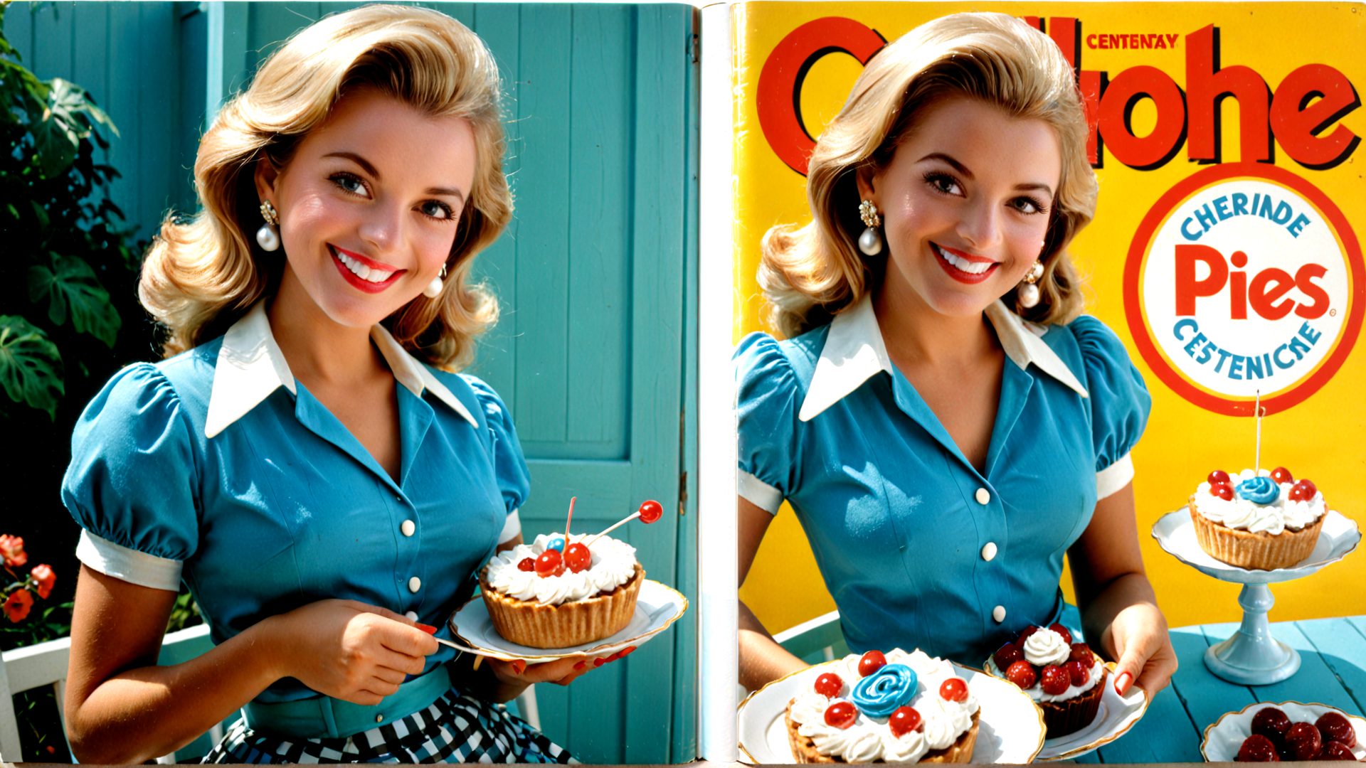 AI generated wallpaper featuring woman, pie, cake, cherry, dress