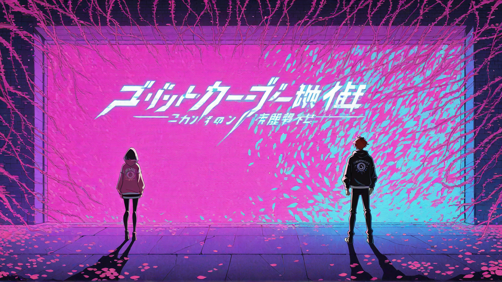 AI generated wallpaper featuring characters, wall, cherry blossoms