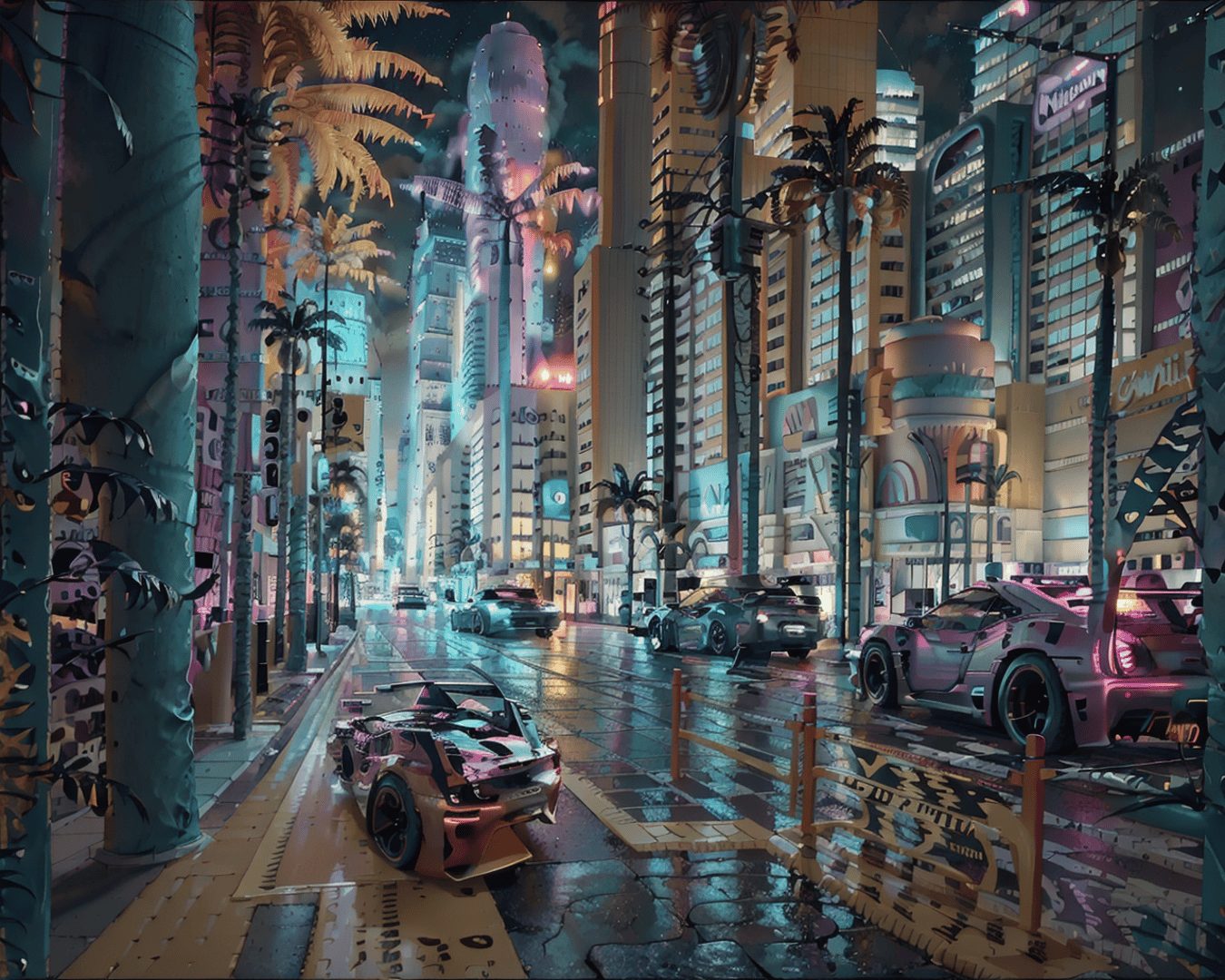 AI generated wallpaper featuring cars, city, palm trees