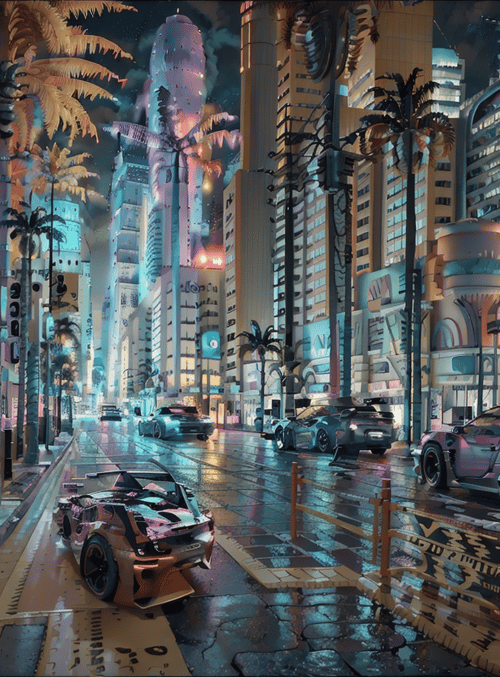cars, city, palm trees