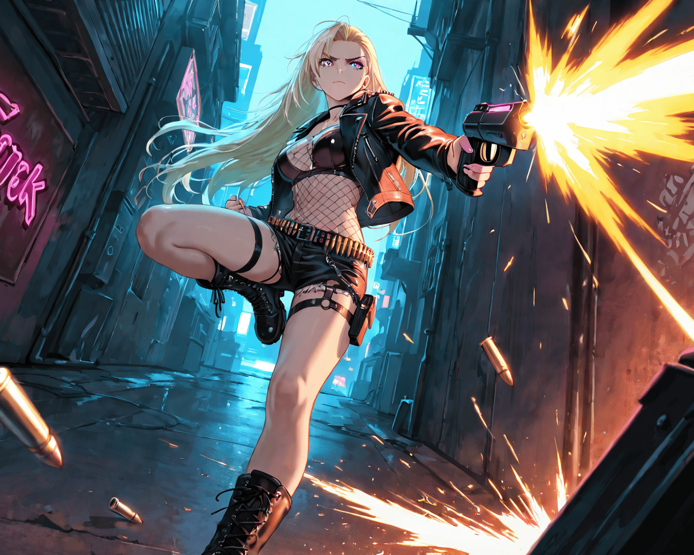AI generated wallpaper featuring woman, gun, city