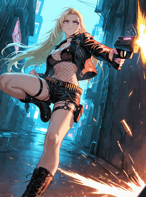 woman, gun, city