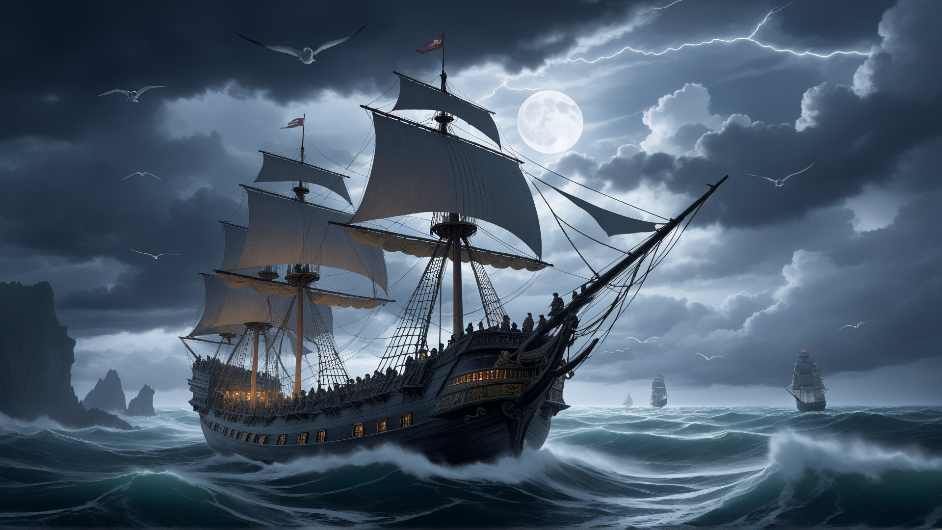 AI generated wallpaper featuring ship, sail, moon