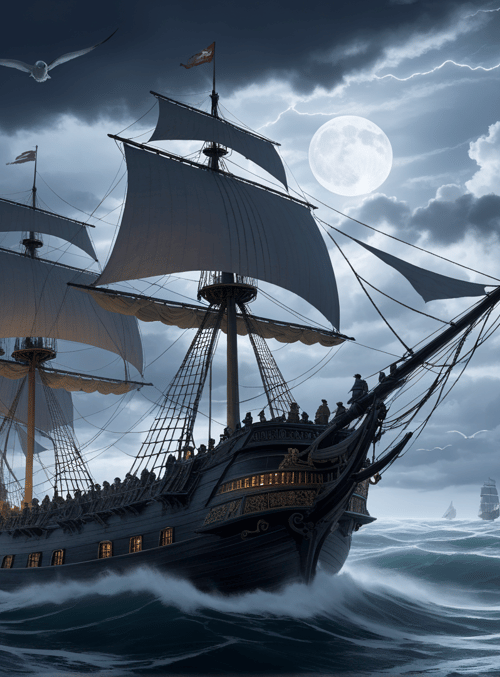 ship, sail, moon