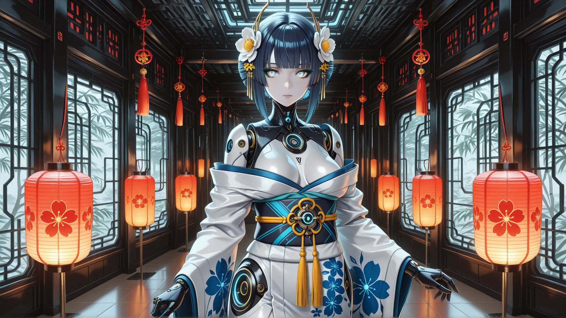 AI generated wallpaper featuring robot, geisha, lanterns, chinese architecture, kimono, antennae, flower, gloves, hanging decorations, window