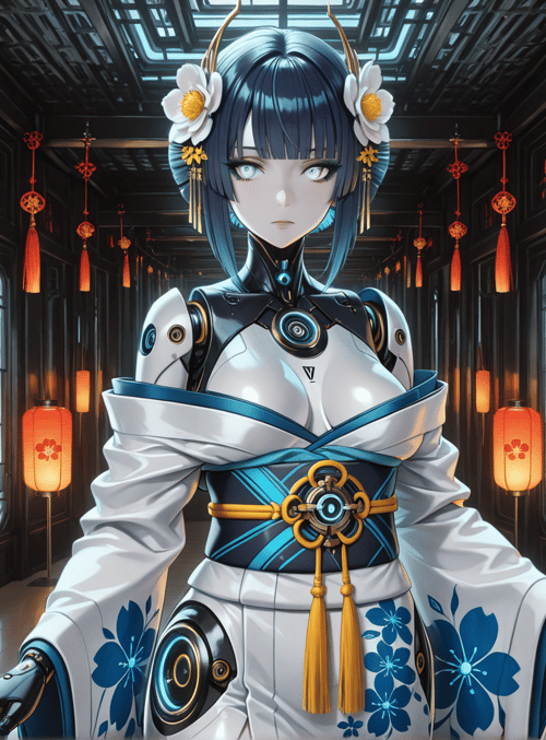 robot, geisha, lanterns, chinese architecture, kimono, antennae, flower, gloves, hanging decorations, window
