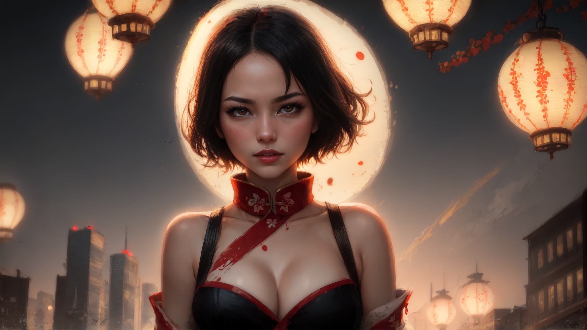AI generated wallpaper featuring woman, lanterns, city